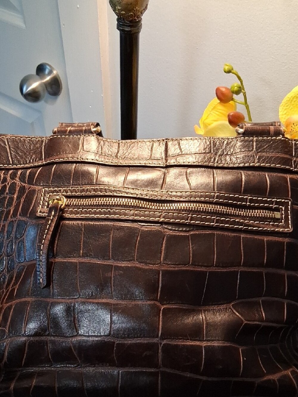 Dooney & Bourke Dark Brown Croc-Embossed Leather Tote with Gold Plaque - Picture 7 of 16